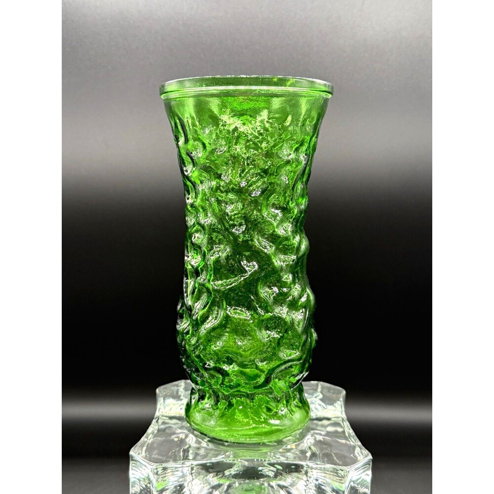 Hoosier Glass 5268 Green Textured Glass vase w/ Impressed Backstamp